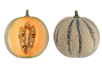Cantaloupe melon whole and half showing seeds inside on transparent background