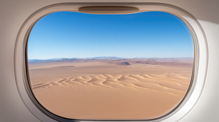 Naklejka premium breathtaking view of vast desert landscape seen through airplane window, showcasing rolling sand