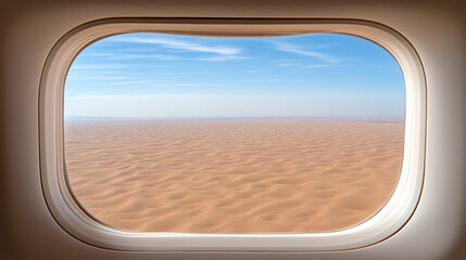 Naklejka premium vast desert landscape unfolds outside airplane window, showcasing endless sand dunes clear blue
