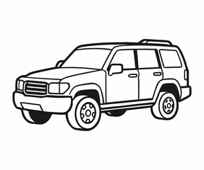 This black and white line art drawing depicts a 4x4 SUV.
