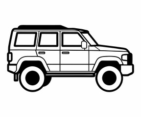 This black and white line art drawing depicts a 4x4 SUV.