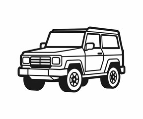 This black and white line art drawing depicts a 4x4 SUV.