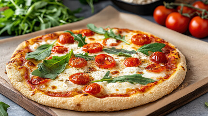 Crispy pizza topped with fresh tomatoes and arugula, perfect for delicious meal