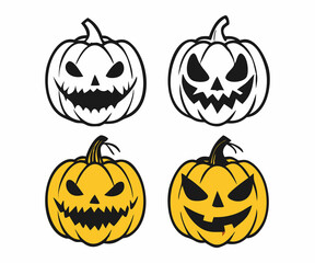 This set of six simple black and white Halloween pumpkin icons features various spooky jack-o'-lantern faces.