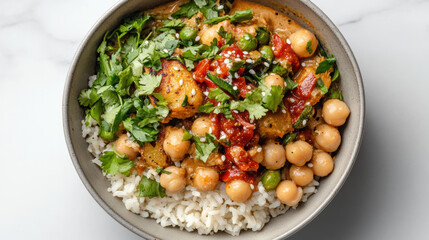 vibrant vegetarian curry bowl with chickpeas, coconut milk, and fresh herbs served over rice