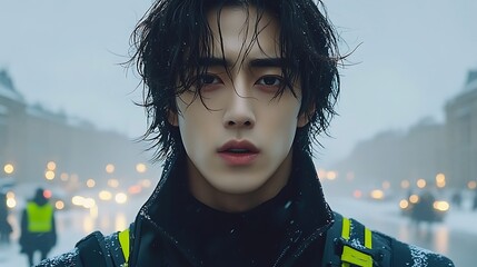 Young man in snowy city, intense gaze.