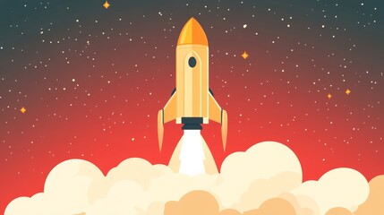 Fototapeta premium Rocket launches into the starry sky, surrounded by clouds at night in a colorful cosmic atmosphere