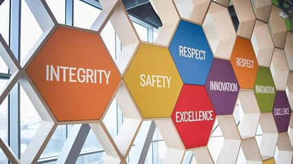 Honeycomb wall display with company values: integrity, safety, respect, innovation, excellence