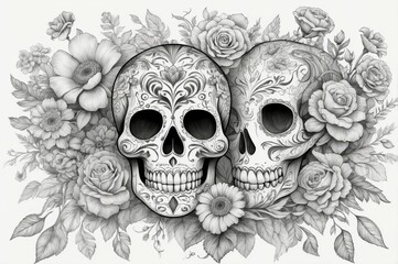 Two sugar skulls adorned with intricate floral designs, surrounded by roses and other flowers, in grayscale.