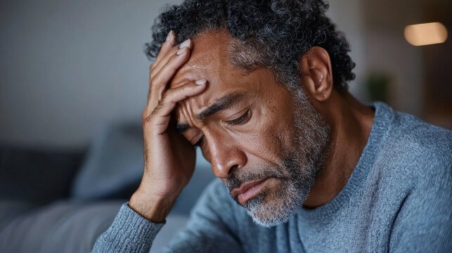 "Man's hand holding his head with a contemplative or distressed expression."
