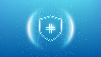 Protection. Healthcare. Insurance. Protection shield with Check mark icon inside transparent sphere shield with hexagon pattern on blue background.  © King Designz