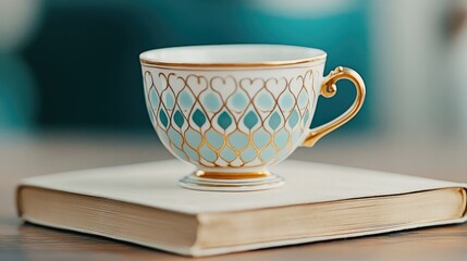 Minimalist antique tea cup with intricate design on book for elegant decor and display