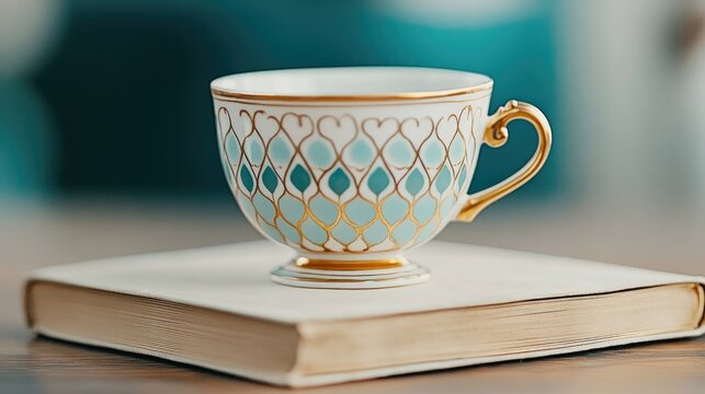 Minimalist antique tea cup with intricate design on book for elegant decor and display