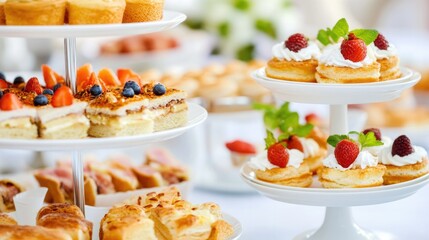Obraz premium Elegant high tea arrangement with assorted pastries and delicate dessert display for special gatherings or bridal showers