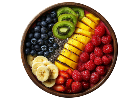 Fresh fruit salad or  Fruit Bowl with Tropical Delights: A Colorful Breakfast Feast PNG file isolated on transparent background ,cut out, clipping path, close up, high quality
