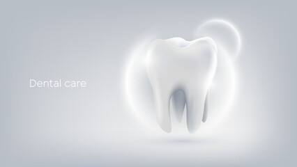 3D realistic vector healthy glowing tooth. Dental care, protection and whitening. Dental care, taking care of teeth. Dental servises. Dentistry, Orthodontic concept. 3D Tooth with shine backgroud
