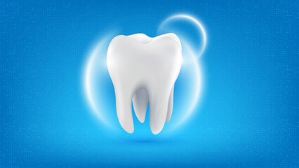 3D realistic vector healthy glowing tooth. Dental care, protection and whitening. Dental care, taking care of teeth. Dental servises. Dentistry, Orthodontic concept. 3D Tooth with shine backgroud