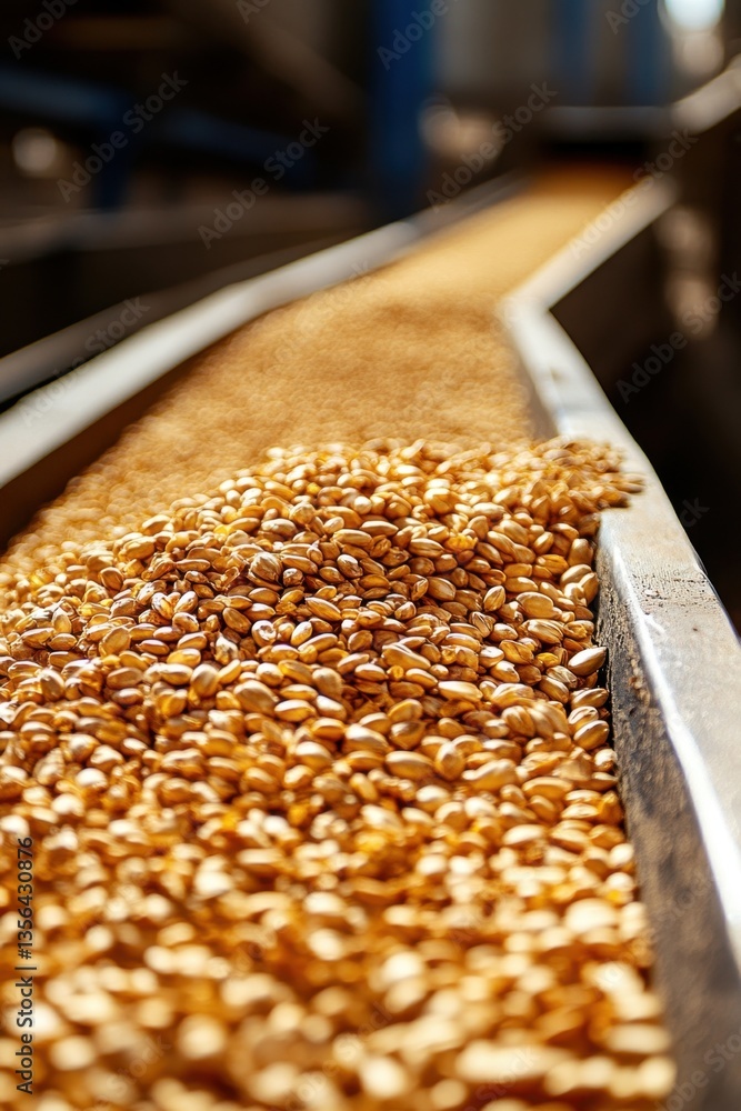 Poster golden wheat grains cascading in a metal trough at a grain elevator creating a rich textural pattern