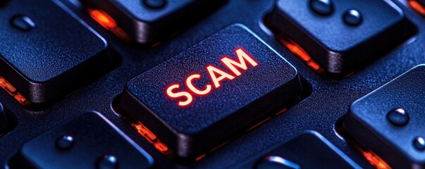 A close-up of a computer keyboard highlighting the key labeled "SCAM" in bright red, symbolizing online fraud awareness , Identity Theft Prevention.