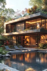 Luxury Modern Home with Autumn Poolside Serenity.