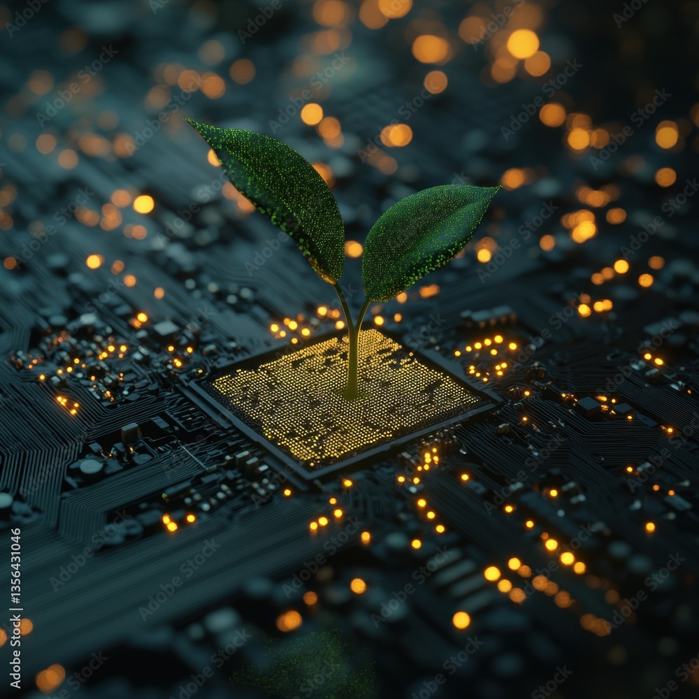 Aufkleber sprout emerging from glowing circuit board representing innovation technology and sustainable future