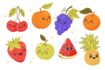 Cute Cartoon Fruit Characters Summer Fruit Clipart Set