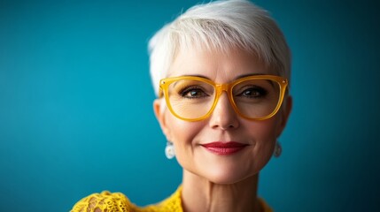 Woman with short hair and glasses is smiling. She is wearing a yellow dress and yellow glasses