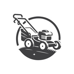 Lawn mower logo on white background. Logo featuring a man mowing the grass for brand. Suitable for landscaping, gardening, outdoor services, lawn care businesses.
