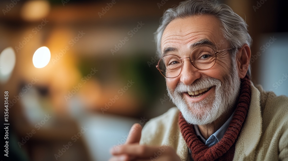Poster man with glasses is smiling and wearing a red scarf. he is looking at the camera. concept of warmth 