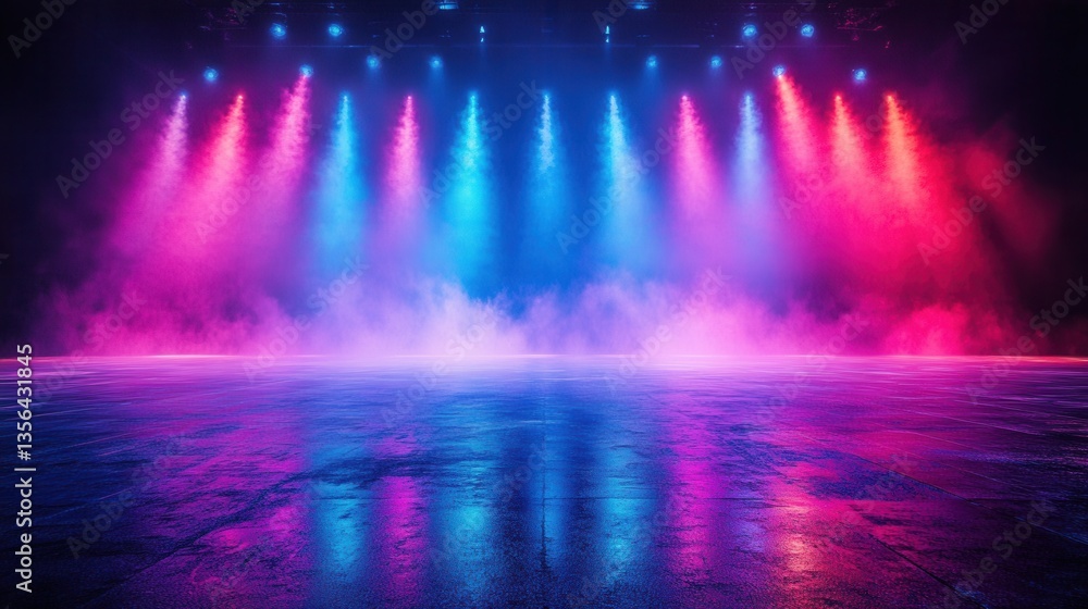 Poster vibrant stage with neon lights and fog creating an immersive atmosphere for performance or event pho