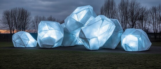 Illuminated geometric ice sculptures glow against twilight sky winter landscape in outdoor art installation