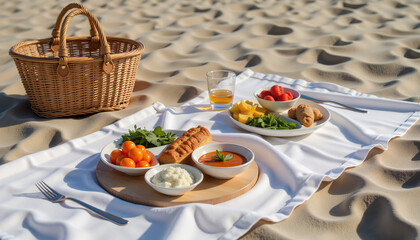 Beach picnic spread with delicious food on sandy shore  