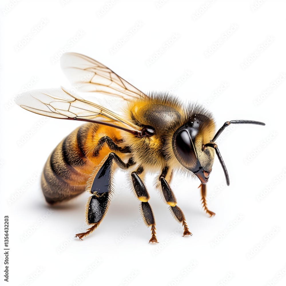Poster detailed close up of a honeybee on a white background showcasing its intricate details and textures 