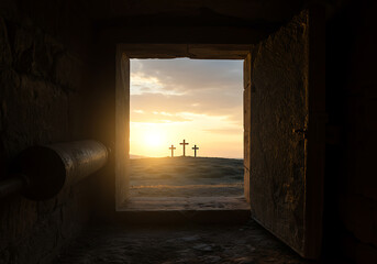 Obraz premium Looking out from the open tomb at dawn, the three crosses shine with the promise of resurrection.