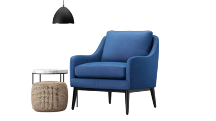 A comfortable and inviting blue armchair with clean lines and minimal design placed in a cozy and stylish living room environment with a side table and decorative lighting