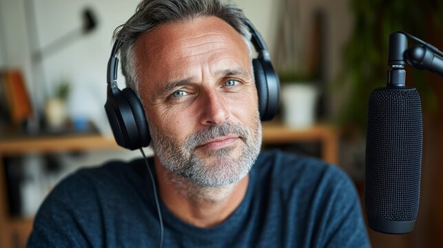 A man sits at a microphone, wearing headphones.