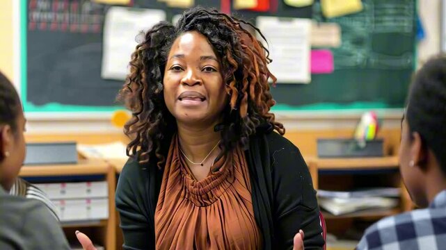 Afro american black female teacher passionately addressing group of students in classroom with visible learning materials. Concept of inclusive education and empowerment, back to school