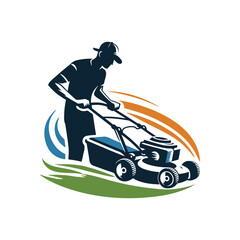 Lawn mower logo on white background. Logo featuring a man mowing the grass for brand. Suitable for landscaping, gardening, outdoor services, lawn care businesses. vintage line art Lawn mower logo