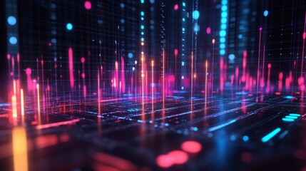 Obraz premium Vibrant neon lights create a digital landscape in a futuristic setting