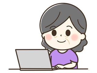 パソコンを使う笑顔のおばあさんの上半身のゆるかわイラスト