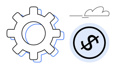 Gear with overlapping lines, circular dollar sign, minimalist cloud. Ideal for business, finance, productivity, technology, optimization innovation startup culture. Flat simple metaphor
