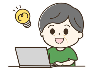 パソコンを使ってひらめく笑顔のおじいさんの上半身のゆるかわイラスト