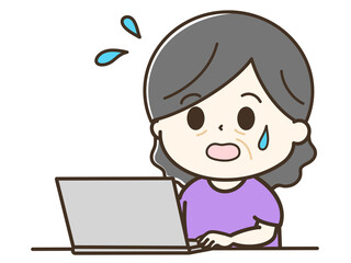 パソコンを使って焦るおばあさんの上半身のゆるかわイラスト