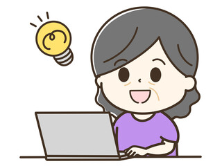 パソコンを使ってひらめくおばあさんの上半身のゆるかわイラスト