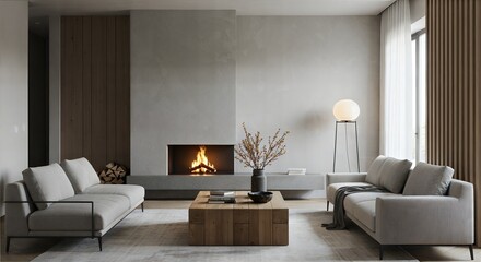 Interior of light living room with sofas, rattan table and soft carpet