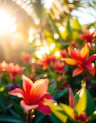 Fototapeta premium Vibrant sun-drenched foliage, blurred exotic flowers, bright abstract shapes, green, lush