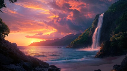 Dramatic coastal vista featuring a cascading waterfall and vibrant sunset hues