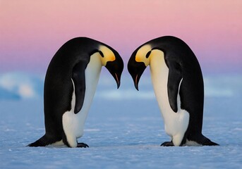 Obraz premium Two emperor penguins stand face to face on icy terrain under a pastel-colored sky. Their elegant posture and mirrored stance create a heartwarming scene, symbolizing love, connection, and unity.