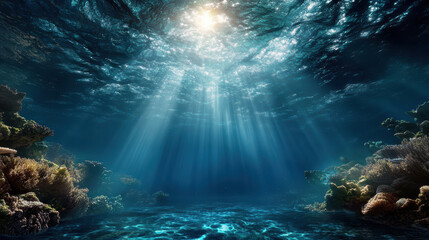 Beneath ocean surface, light beams pierce through water, illuminating coral reefs