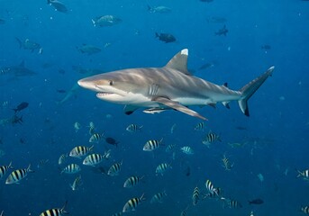 Obraz premium A sleek shark swims gracefully through the deep blue ocean, surrounded by a vibrant school of striped fish. The stunning underwater scene captures marine life in its natural habitat. 
